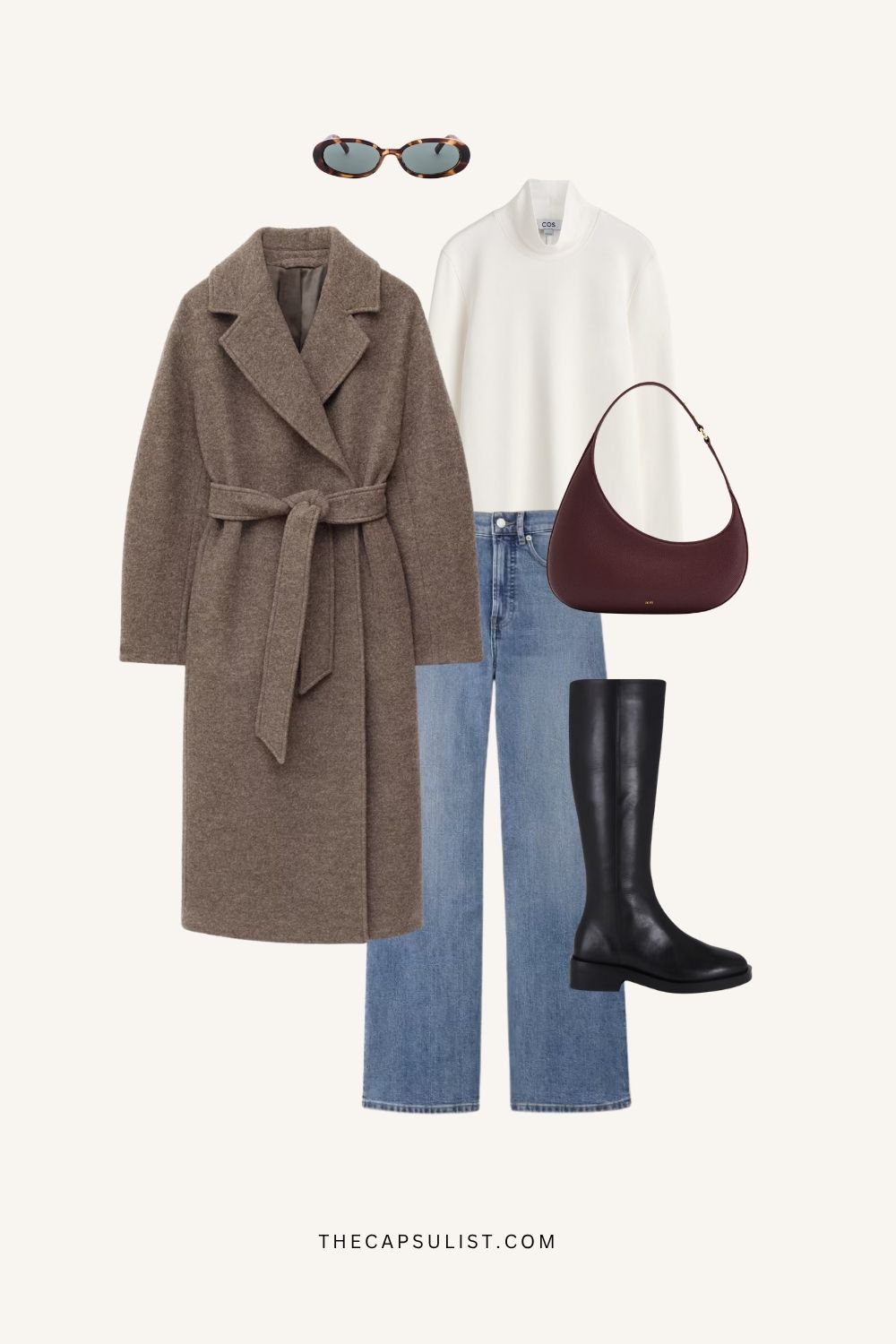Minimalist winter outfit featuring wool coat, cream knit, straight jeans, and black knee-high boots. Quiet luxury capsule wardrobe look from The Capsulist.
