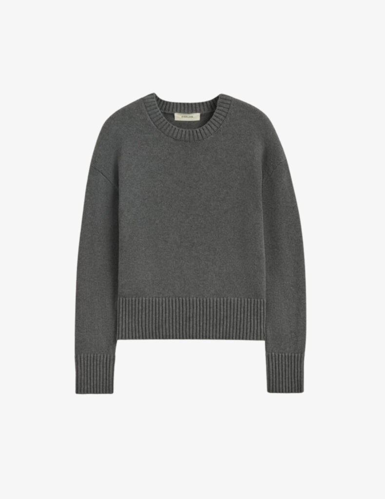 Minimalist charcoal sweater by Everlane, boxy cotton knit, quiet luxury capsule wardrobe basic for 2026.