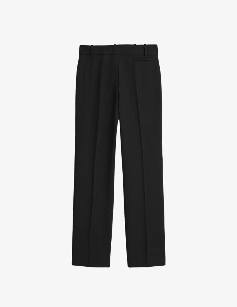 Minimalist black tailored wool trousers from COS, slim-leg silhouette, quiet luxury wardrobe essential for 2026.