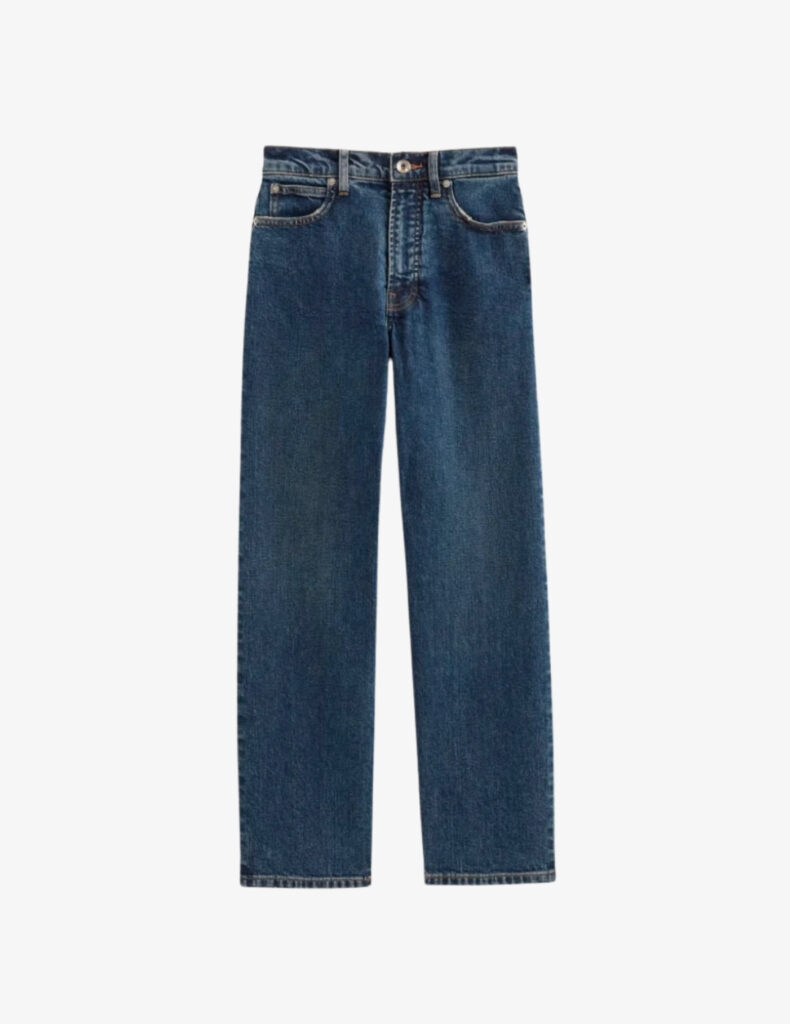 Everlane Way-High Jean 2.0 in dark indigo, high-rise straight-leg denim, minimalist capsule wardrobe essential.