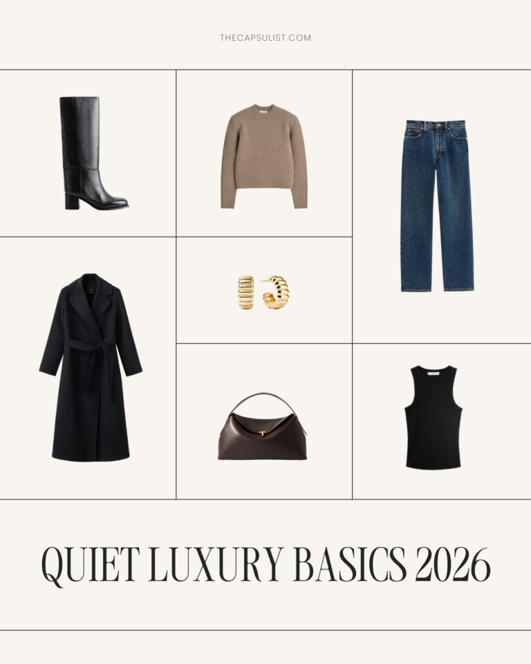 Quiet Luxury Basics 2026 collage with minimalist capsule wardrobe essentials: black leather knee boots, a cashmere sweater, raw denim jeans, a black wrap coat, gold ribbed earrings, a brown designer shoulder bag, and a black tank top.