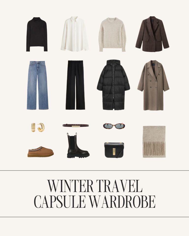 Minimalist winter travel capsule wardrobe for 2026 with wool coat, puffer jacket, knitwear, tailored trousers, denim, Chelsea boots, loafers, and neutral accessories for winter city travel.