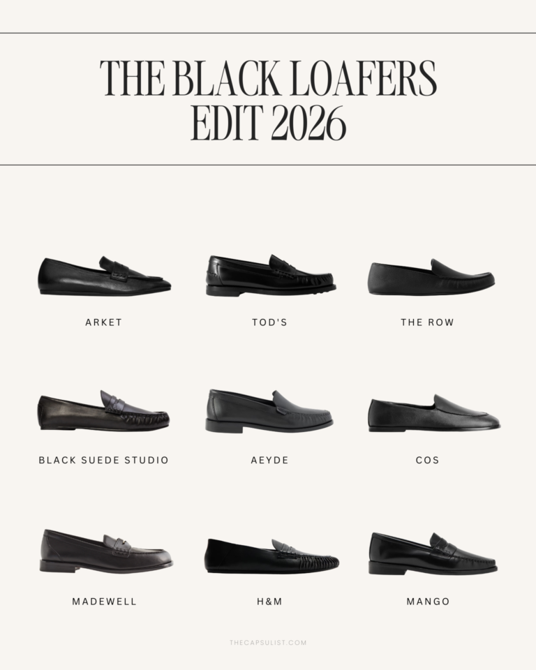 A curated edit of black leather loafers for a minimalist capsule wardrobe, featuring classic, soft, and investment styles (2026).