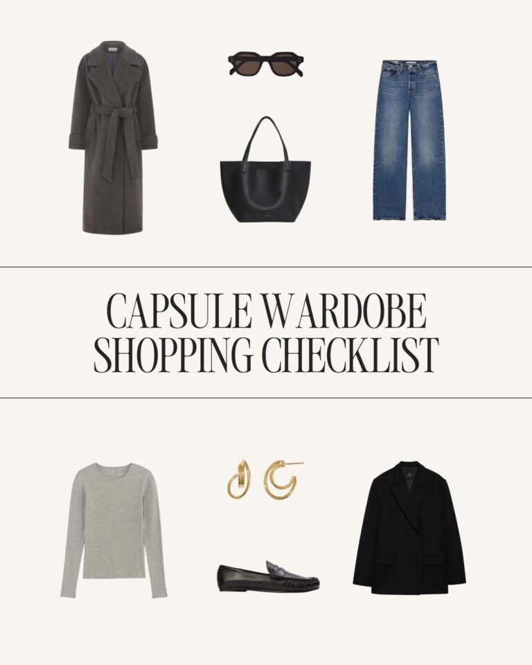 Capsule wardrobe shopping checklist with timeless essentials including coat, jeans, blazer, knitwear, leather tote, loafers, and minimalist accessories.