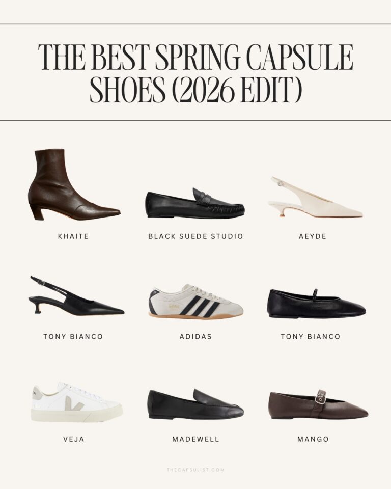 Capsule wardrobe spring shoes including leather loafers, white sneakers, slingback heels, ballet flats, and ankle boots in neutral tones