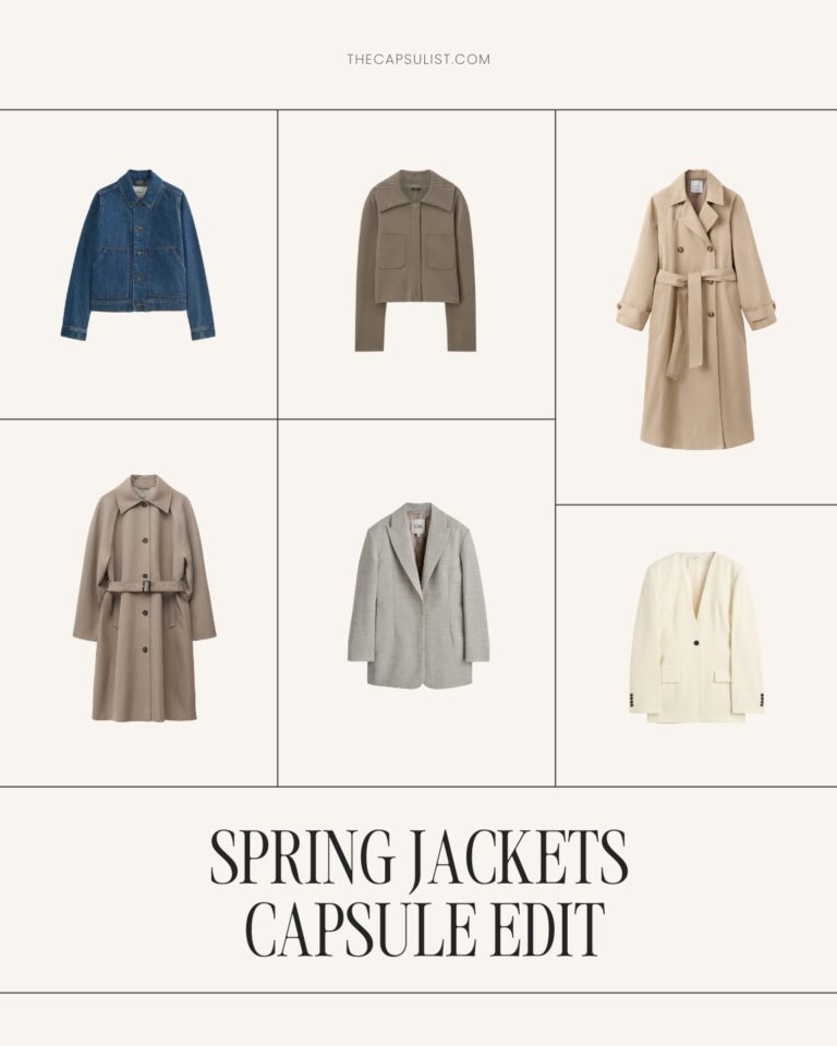 Minimal capsule wardrobe spring jackets including trench coat, blazer and casual jacket