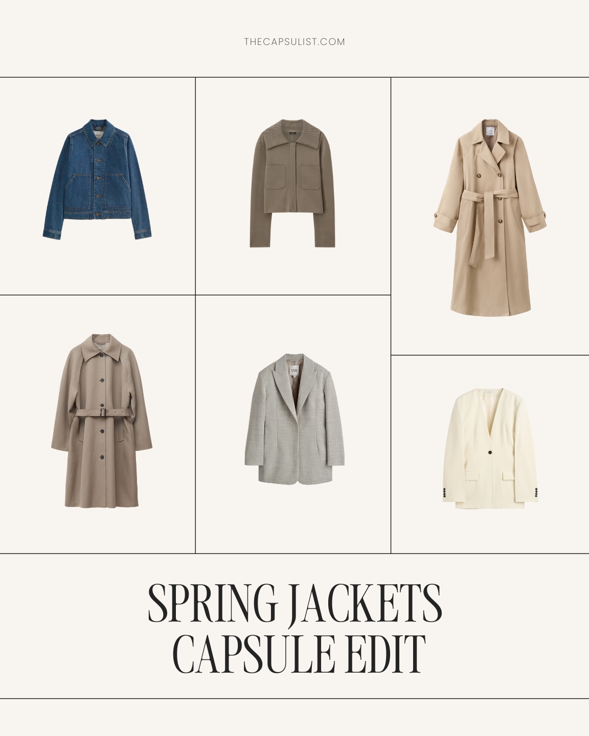Minimal capsule wardrobe spring jackets including trench coat, blazer and casual jacket