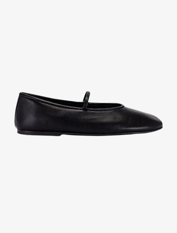 Black leather minimalist ballet flat with slim strap by Tony Bianco for modern capsule wardrobe stylin