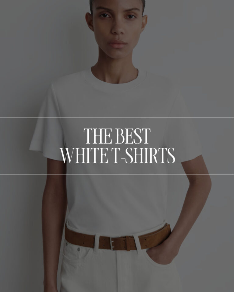 best white t-shirts for a capsule wardrobe minimalist outfit with structured white tee and neutral trousers