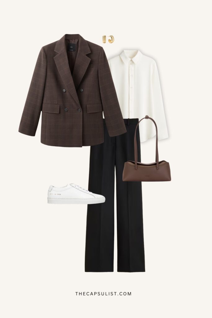 minimalist sneaker outfit blazer with tailored black pants white sneakers and white blouse