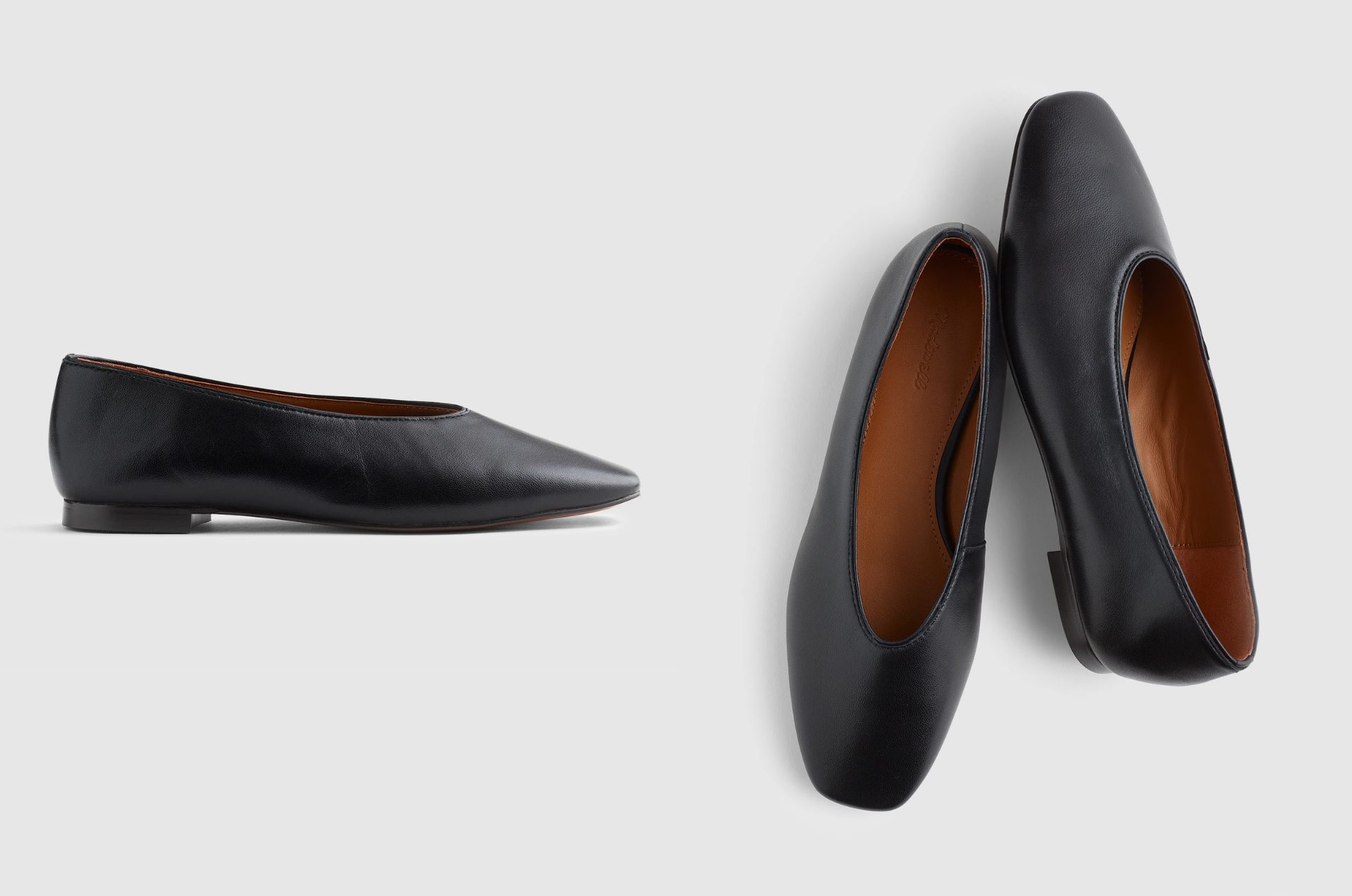 Madewell Mylie black leather ballet flats with a modern square toe for minimalist capsule wardrobes