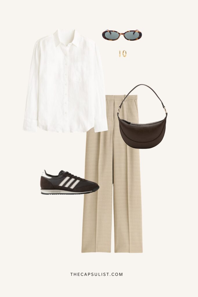 smart casual sneaker outfit with white shirt and tailored beige pants