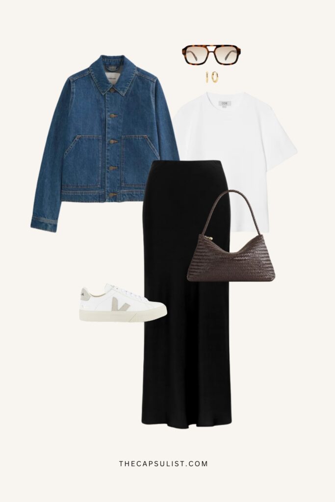 minimalist sneaker outfit denim jacket with black midi skirt and white t-shirt