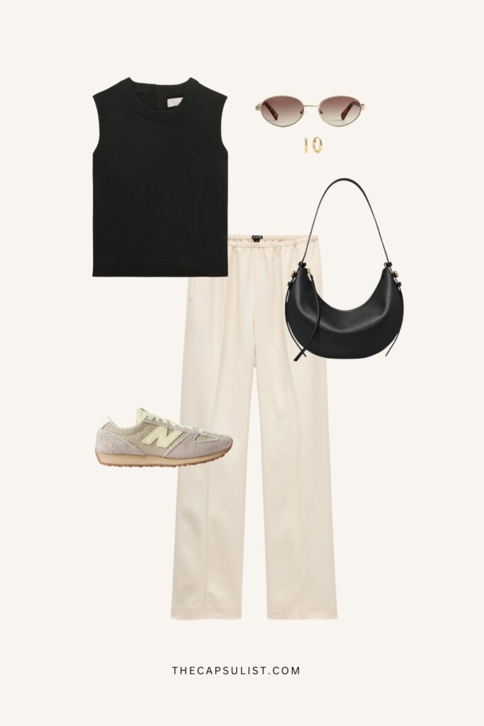 sneaker outfit with creme white pants sporty sneakers and black basic top