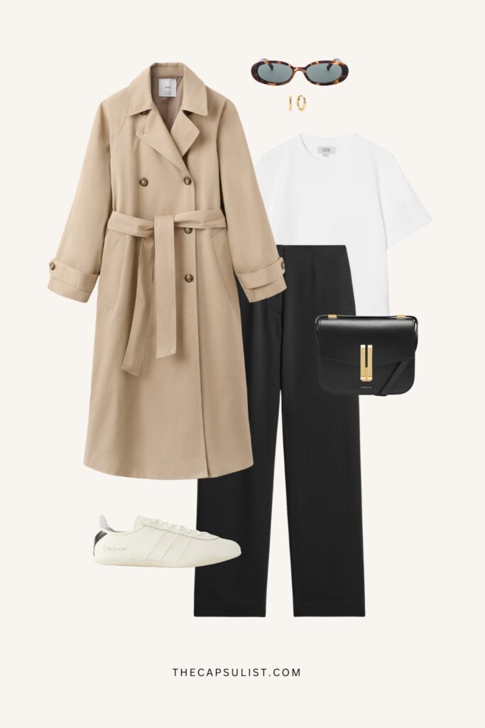 sneaker outfit with trench coat, black tailored pants and white t-shirt