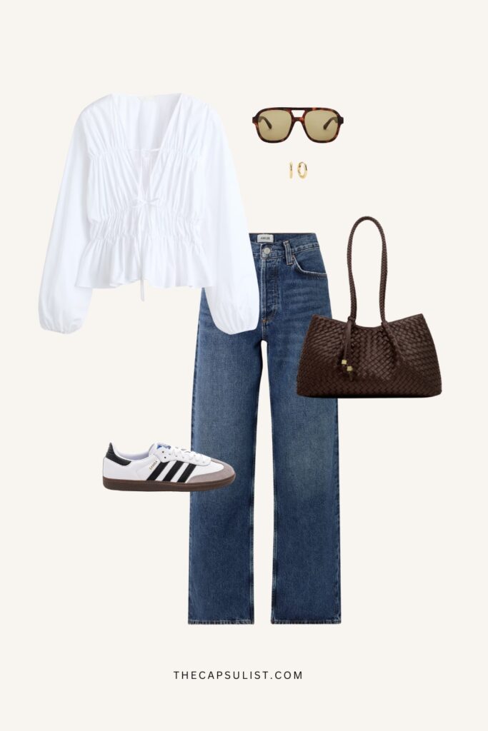 minimalist sneaker outfit blue denim with white blouse and adidas samba og sneaker