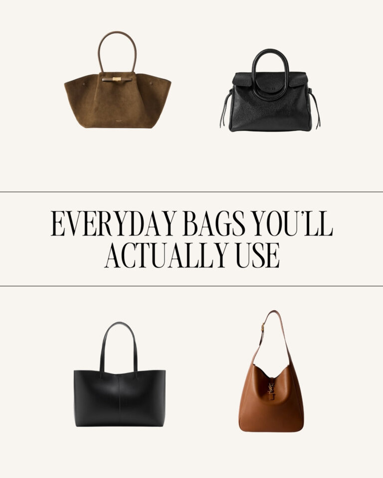 Minimal everyday bags for a capsule wardrobe including black tote and brown shoulder bag