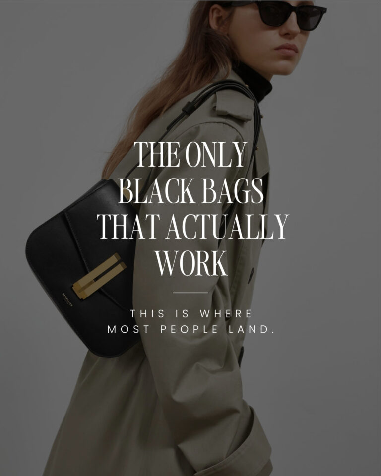 black minimal handbag worn with trench coat DeMellier Vancouver everyday bag