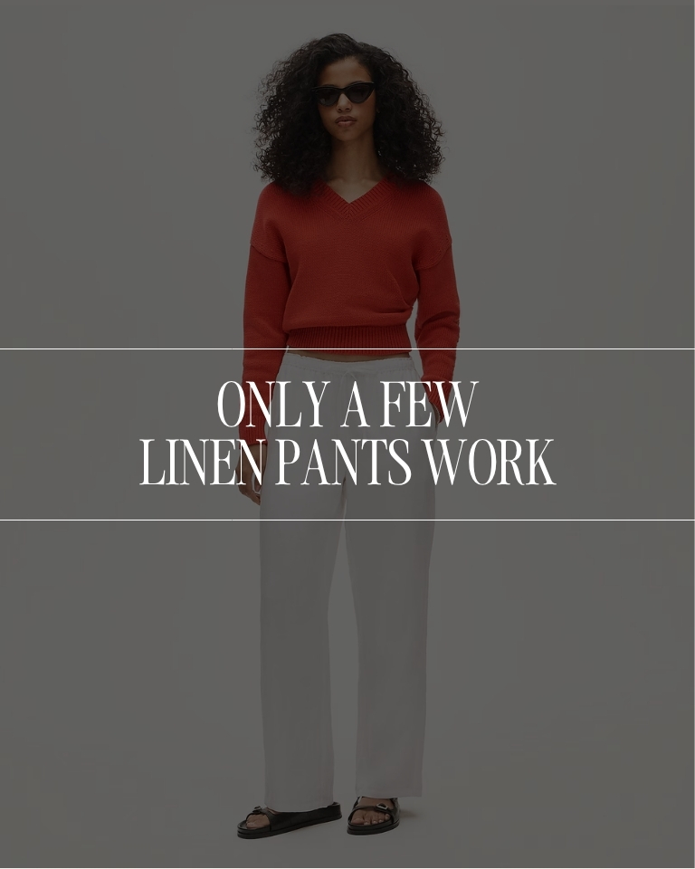 Minimal linen pants outfit with white structured linen pants styled for a capsule wardrobe