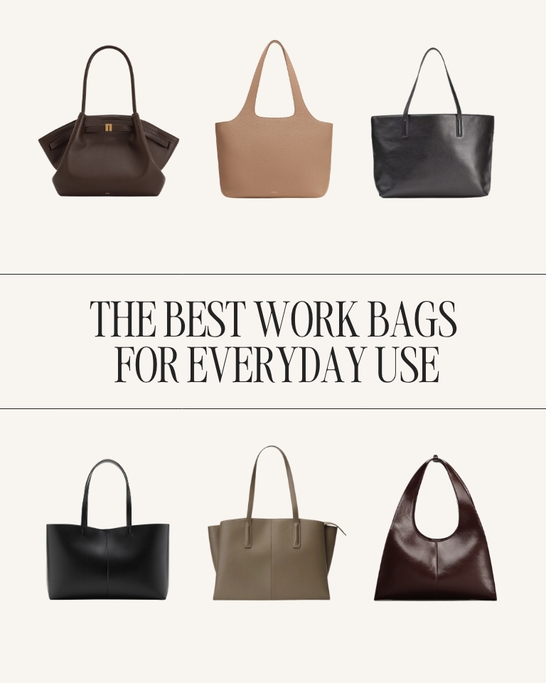 Minimalist work bags for everyday use including leather tote, structured bag, and hobo style that fit a laptop