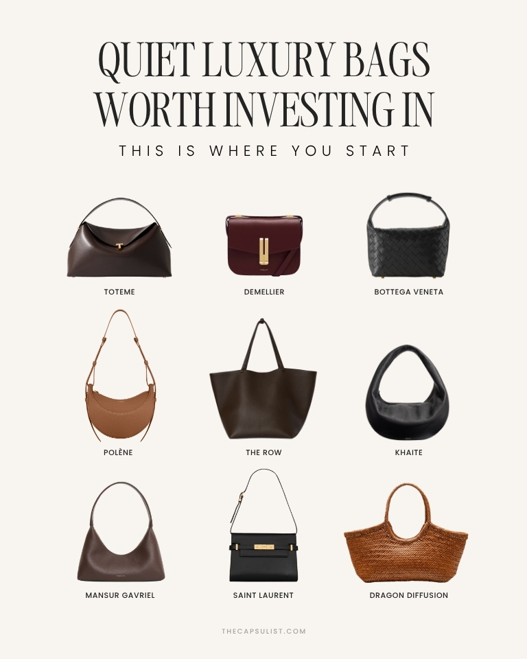 A minimalist collage featuring the top 9 quiet luxury bags for 2026, including Toteme, Bottega Veneta, Demellier, Polène, The Row, Khaite, Mansur Gavriel, Saint Laurent, and Dragon Diffusion.
