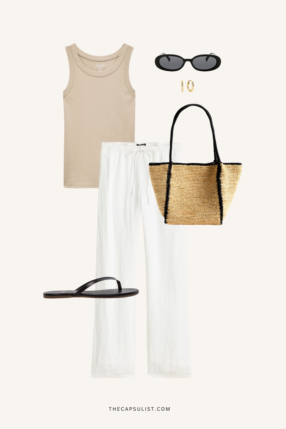 raffia bag outfit with linen pants and tank top clean minimal summer look