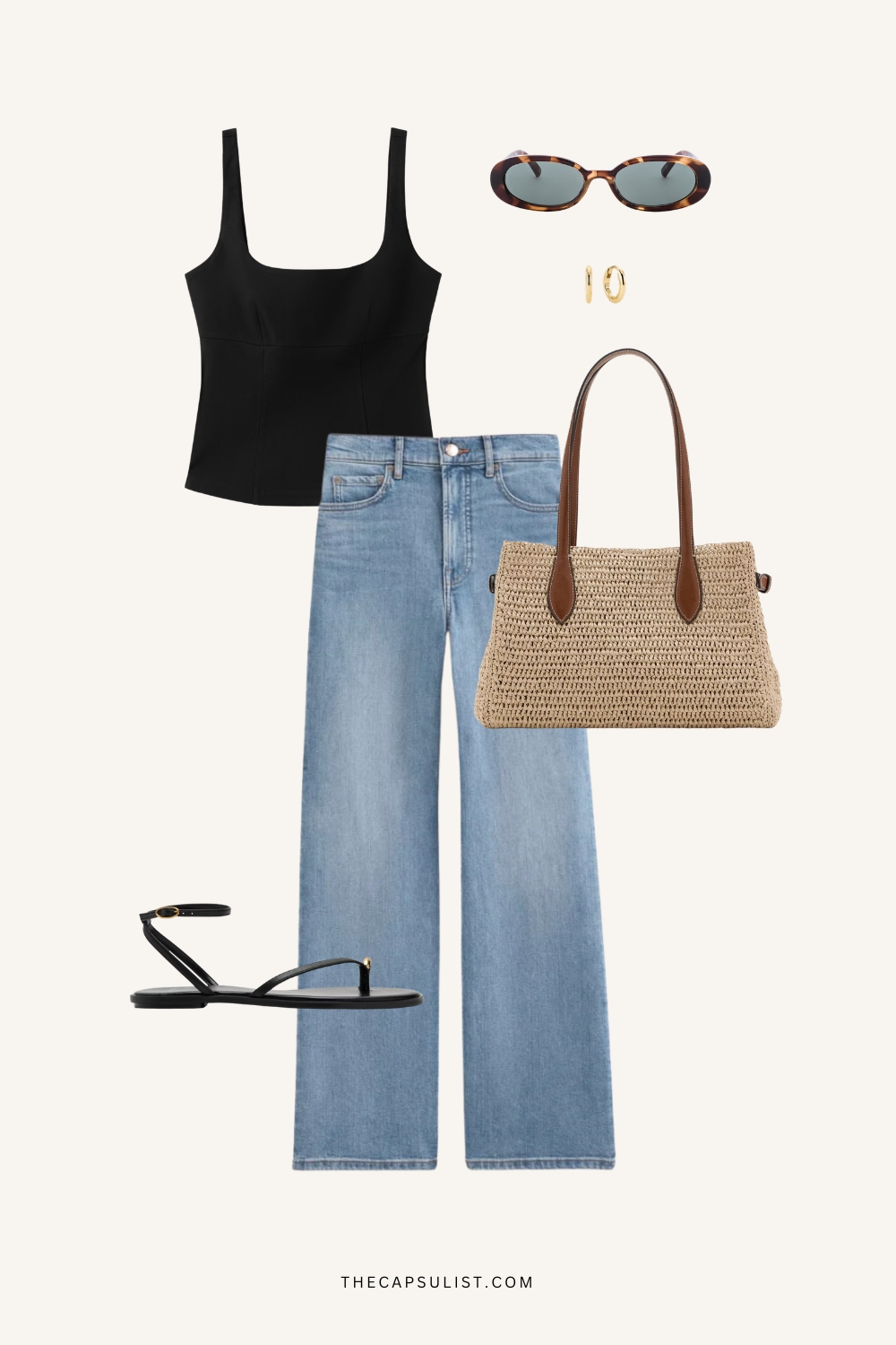 raffia bag outfit ideas with jeans and black top for everyday summer outfits