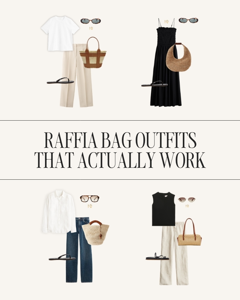 raffia bag outfit ideas with minimal summer outfits including linen pants, denim, and black dress looks