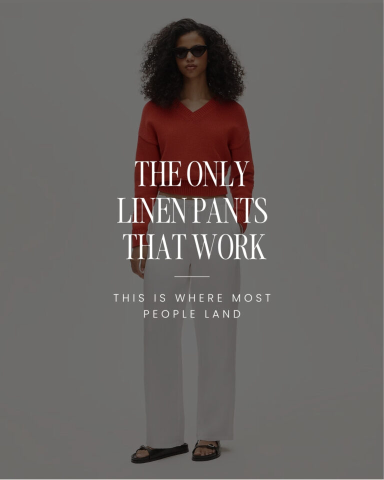Minimal linen pants outfit with white structured linen pants styled for a capsule wardrobe
