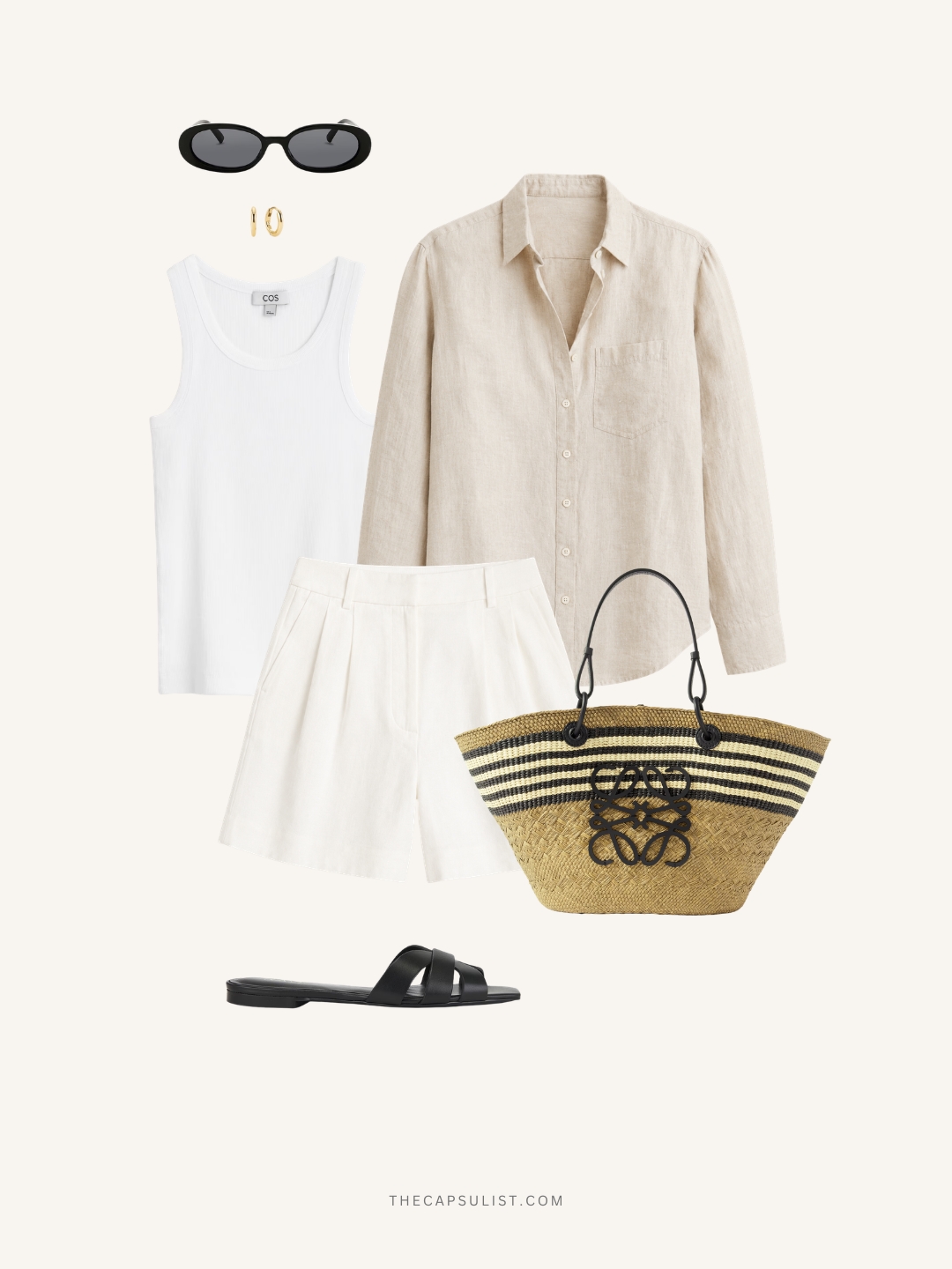European summer outfit flatlay with linen shirt, white tank top, tailored shorts, leather sandals, raffia tote bag, and minimalist accessories.