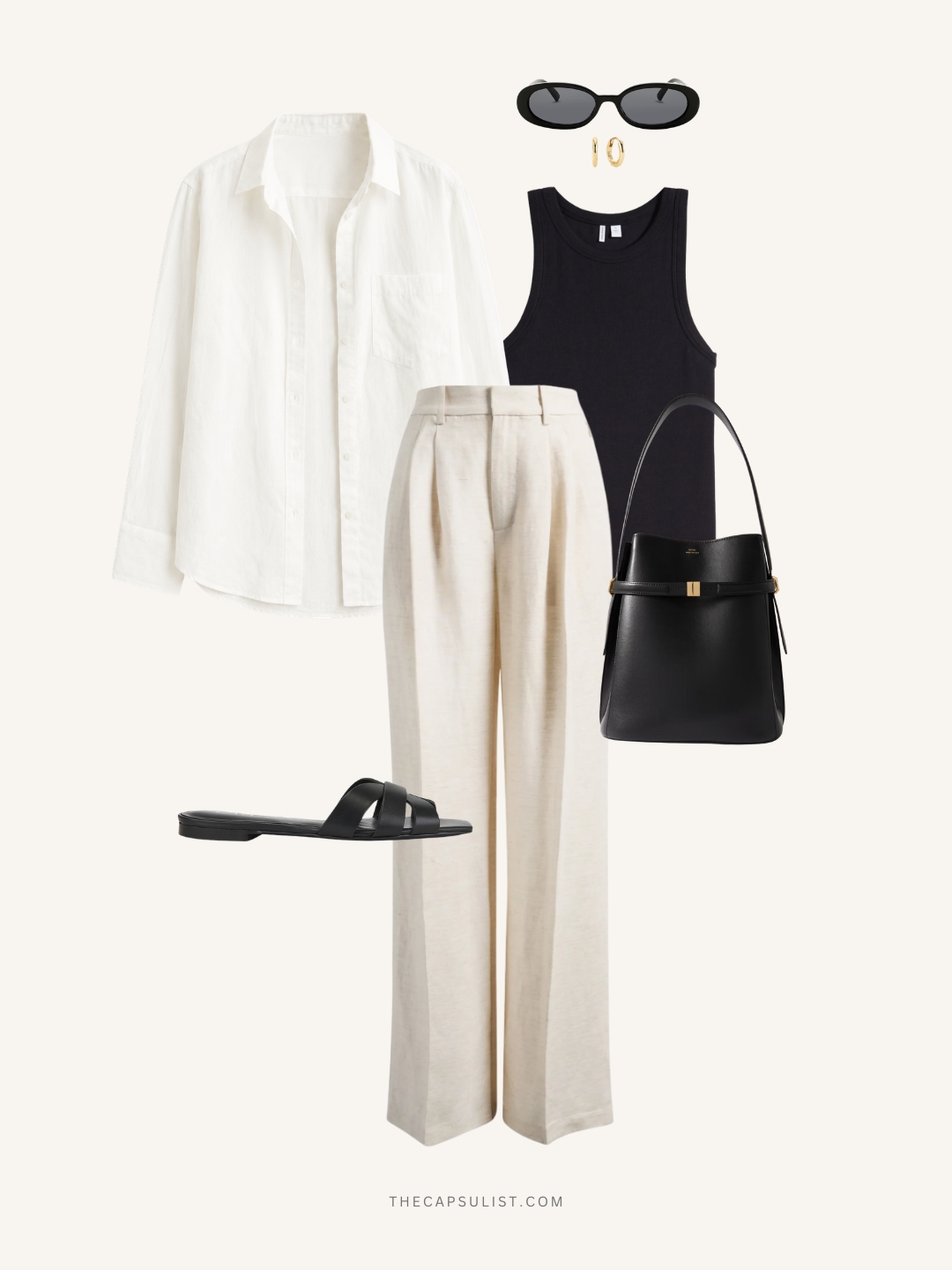 Quiet luxury summer outfit flatlay with white oversized shirt, black rib tank, linen trousers, leather sandals, structured black bag, and minimal accessories for Europe travel.