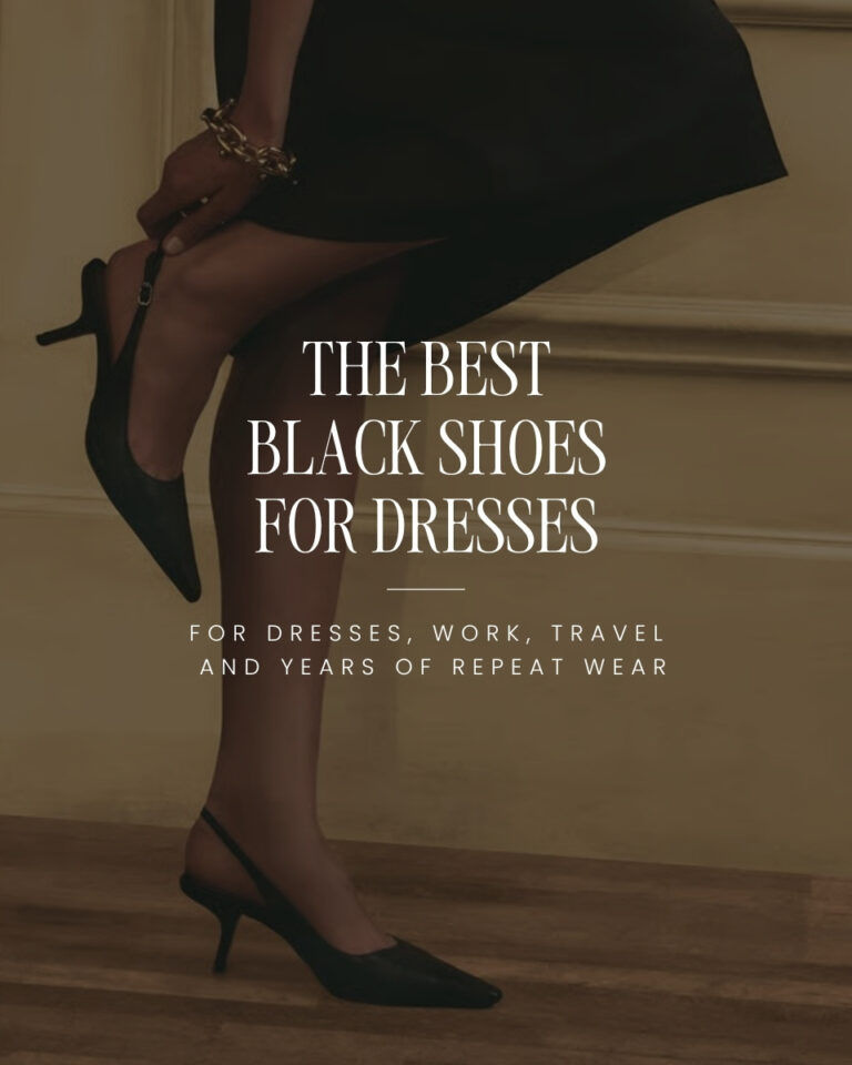 Black Sam Edelman Bianka slingback pumps styled with a black dress for work, travel, and everyday outfits.