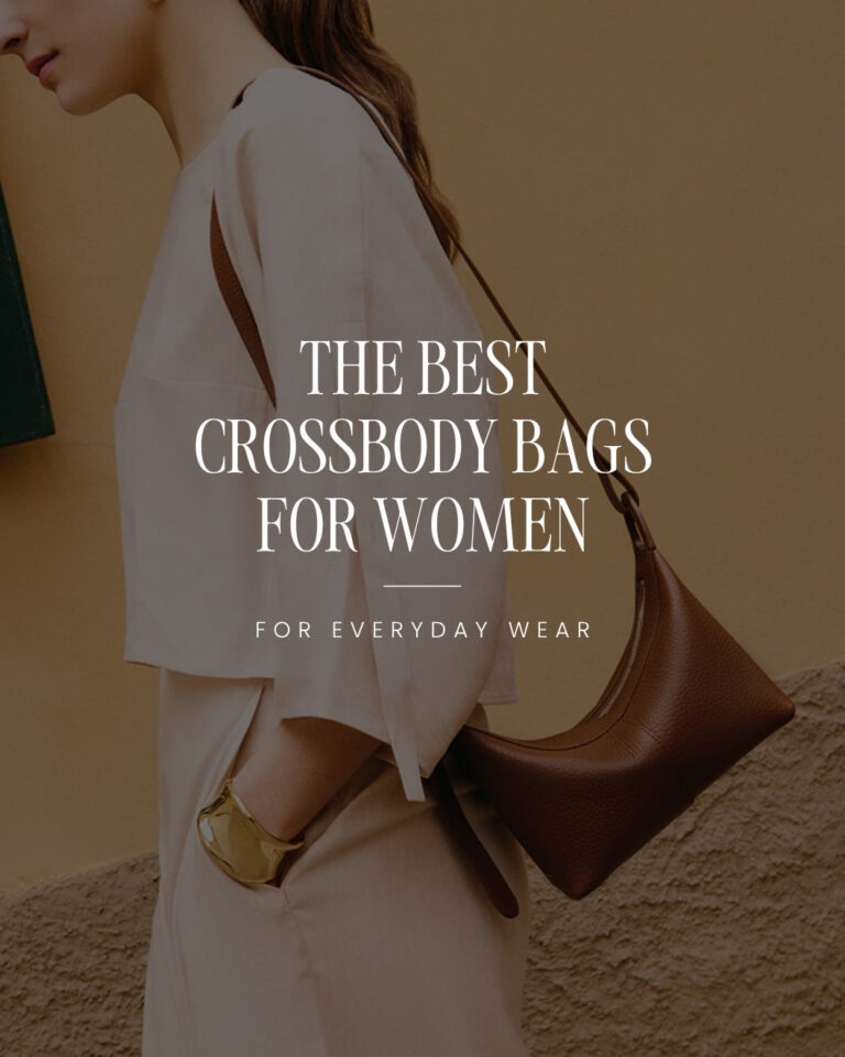 Woman wearing a brown leather crossbody bag styled with a neutral minimalist outfit