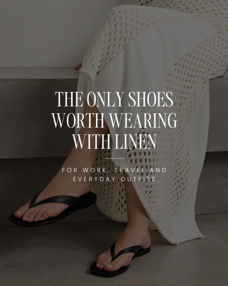 Woman wearing black minimalist flip flops with white linen trousers showing the best shoes to wear with linen trousers.