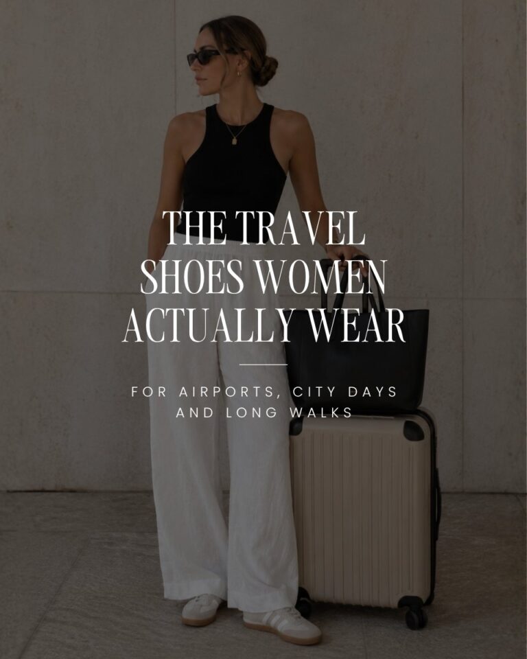 Woman wearing Adidas Gazelle sneakers with white linen pants and a black tank top for a minimalist Europe travel outfit