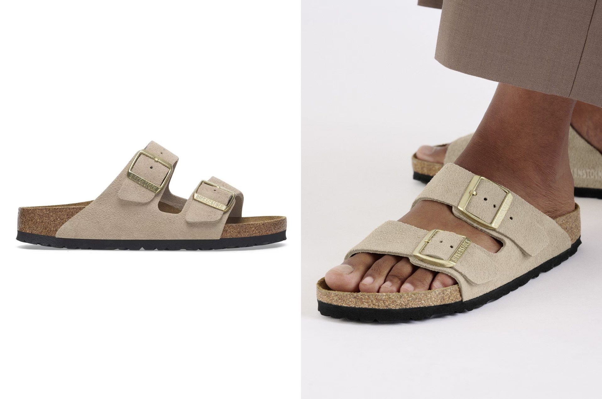 Woman wearing taupe suede Birkenstock Arizona sandals with relaxed cream trousers in a minimalist neutral interior.
