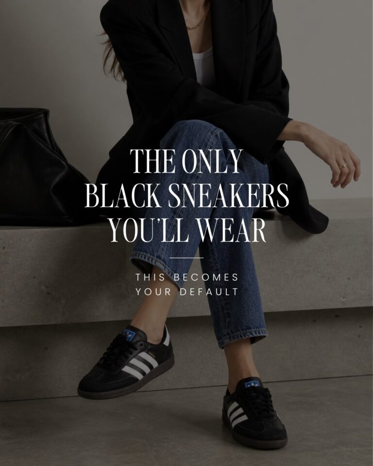 Black Adidas Samba sneakers styled with jeans and blazer minimal capsule wardrobe outfit for women