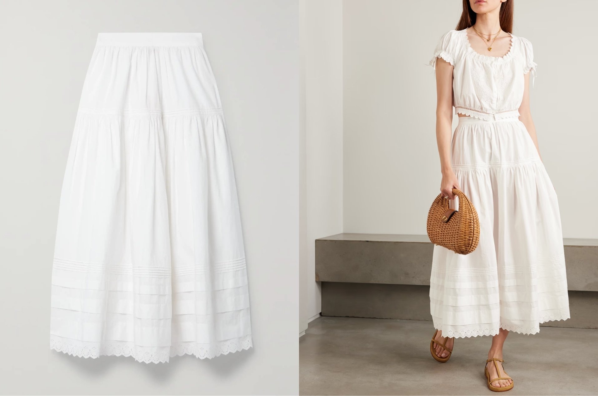 Dôen Sebastiane white maxi skirt styled with flat sandals and a woven raffia bag for a minimalist European summer outfit
