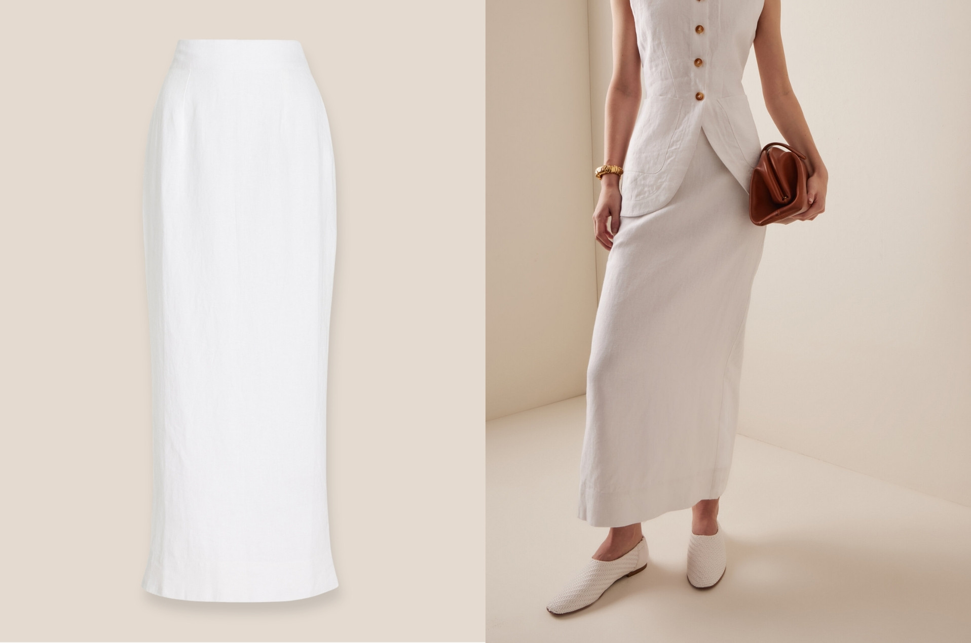 Posse Emma white linen maxi skirt styled with a structured linen top and woven flats for a minimalist European summer outfit