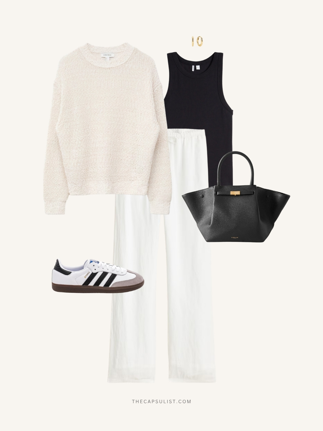 Quiet luxury airport outfit for Europe with cream knit sweater, white relaxed trousers, Adidas Samba sneakers, black rib tank, and structured black tote bag