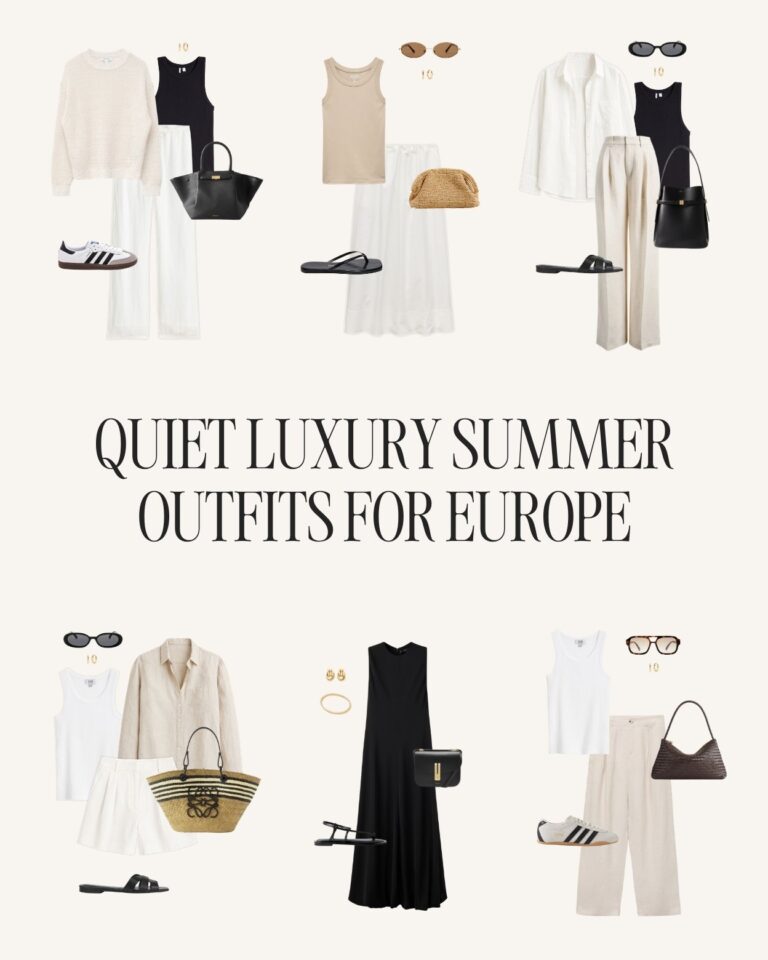 Quiet luxury summer outfit collage featuring minimalist European summer outfits with linen trousers, slim sneakers, maxi skirts, black dresses, raffia bags, and neutral capsule wardrobe pieces.