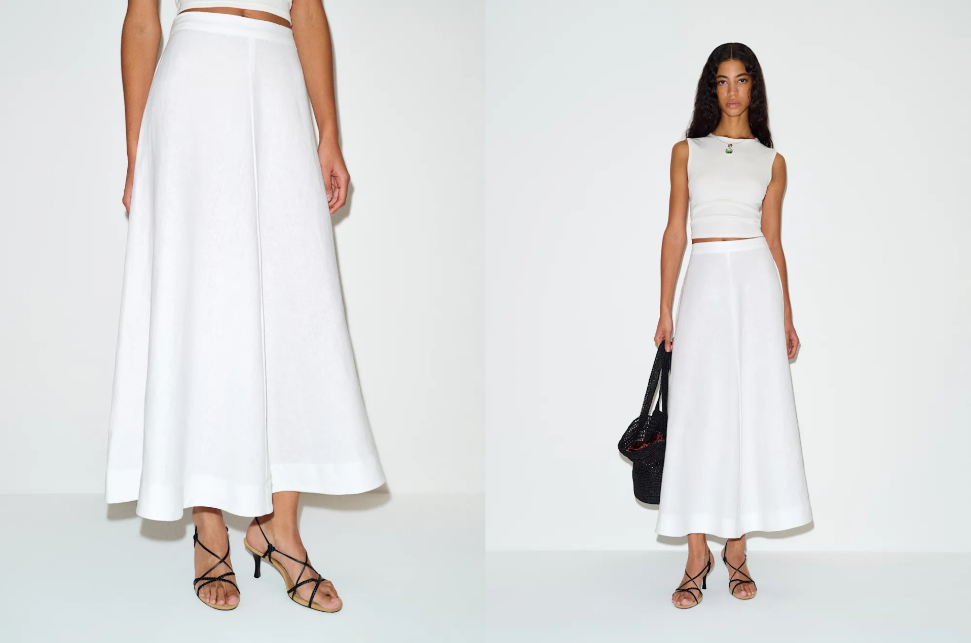 Reformation Peony white linen maxi skirt styled with a sleeveless knit top, strappy sandals, and a woven tote for a minimalist summer outfit