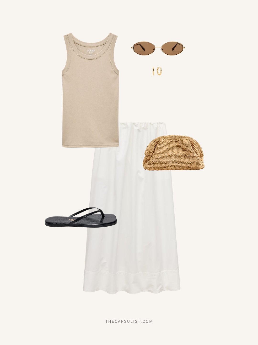 Relaxed European summer outfit with a white maxi skirt, beige tank top, black minimal sandals, raffia clutch, and gold jewelry flatlay.