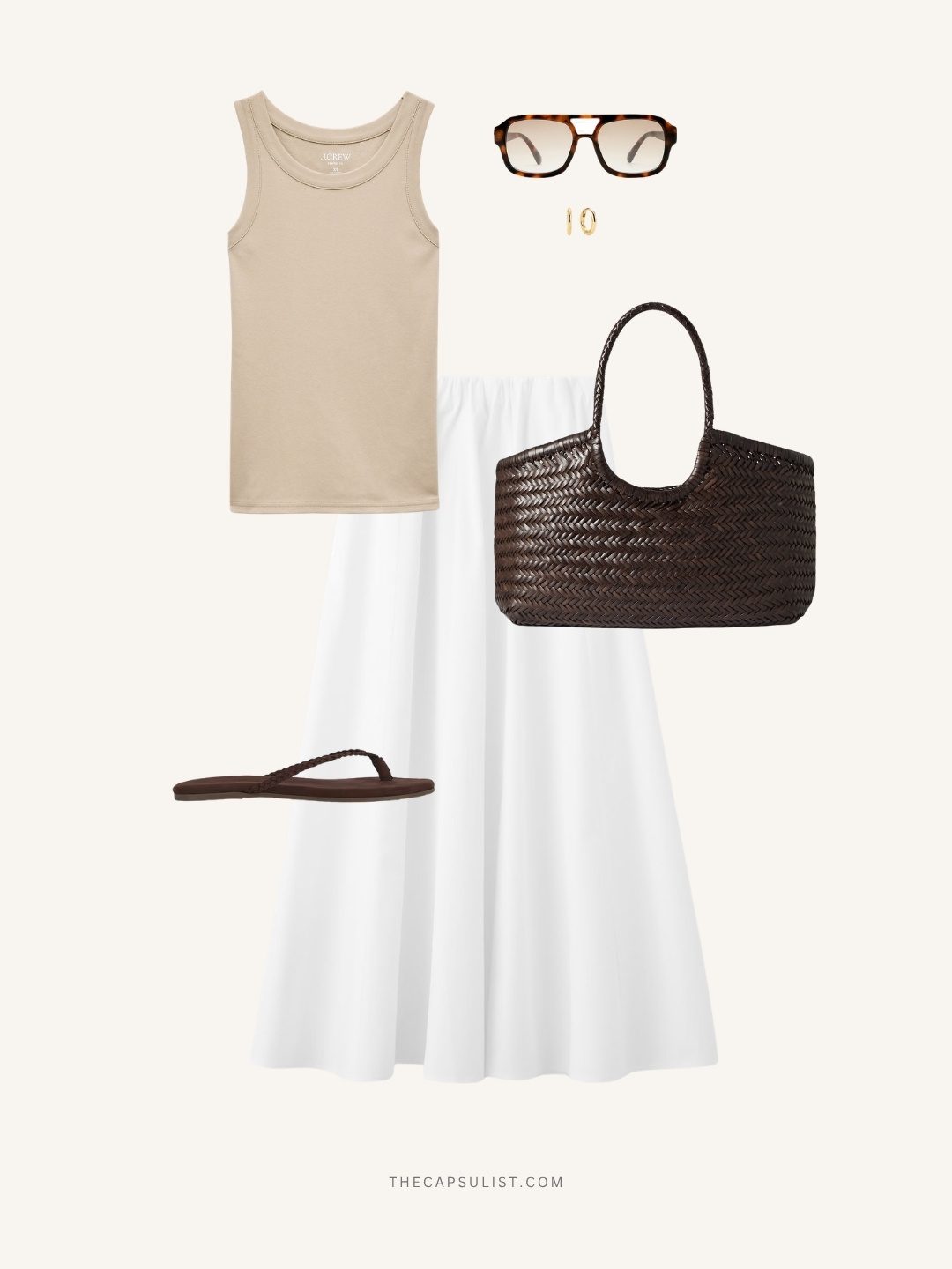White maxi skirt outfit with a neutral tank top, woven brown tote bag, leather flip flop sandals, gold hoop earrings, and oversized sunglasses for a relaxed summer market morning look.