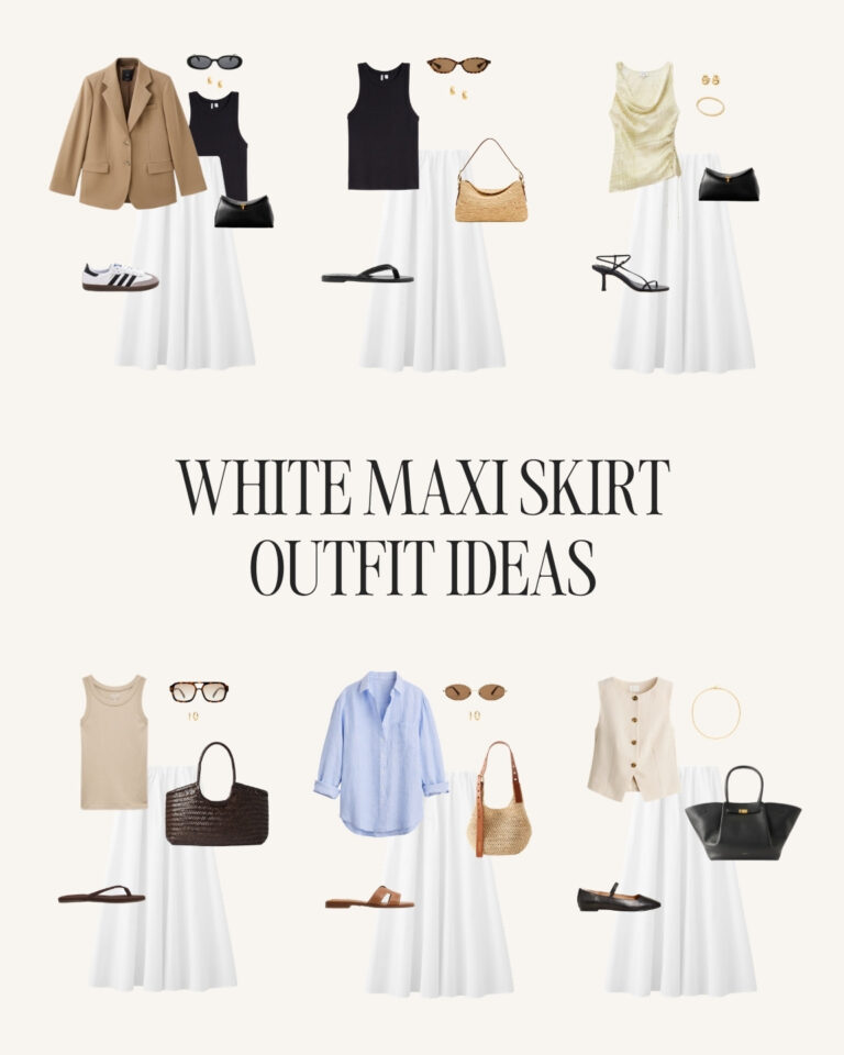 Minimal white maxi skirt outfit ideas for summer featuring ballet flats, linen shirts, tailored vests, sandals, woven bags, and quiet luxury accessories.