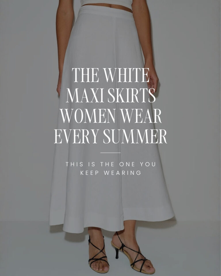 Woman wearing a white linen maxi skirt with black strappy sandals in a minimalist summer outfit editorial
