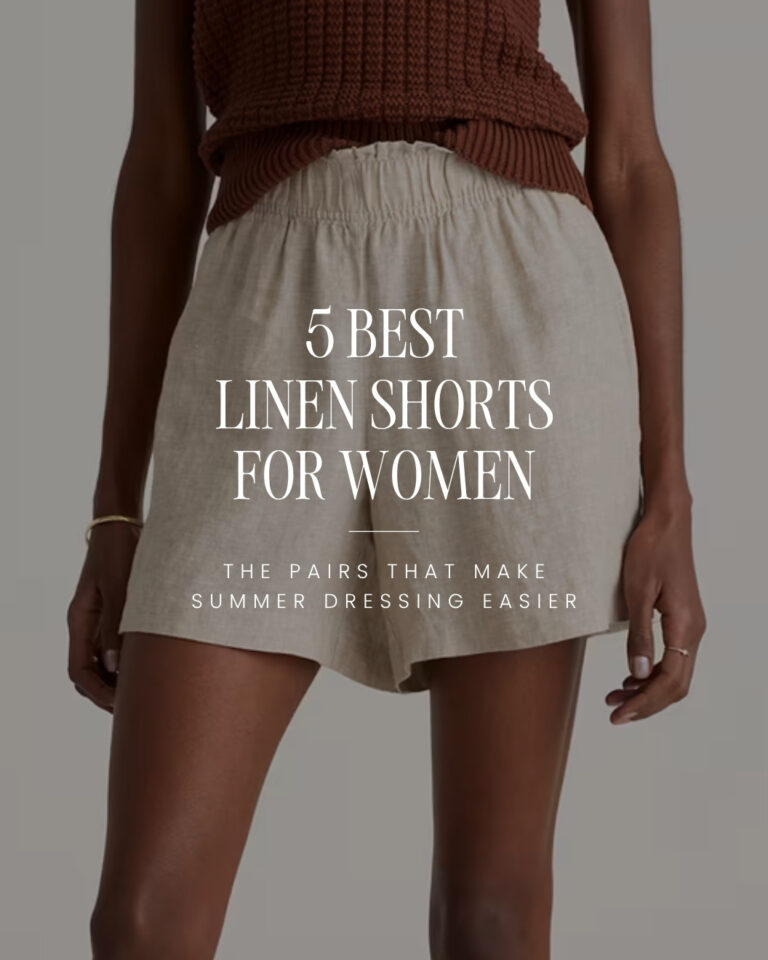 Woman wearing Quince 100% European Linen High Waisted Shorts in flax with flat sandals