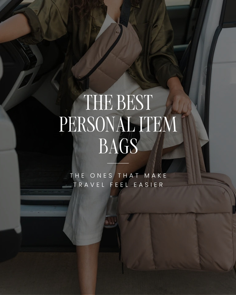 Woman carrying the Calpak Luka Duffel personal item bag while traveling, one of the best personal item bags for women in 2026.