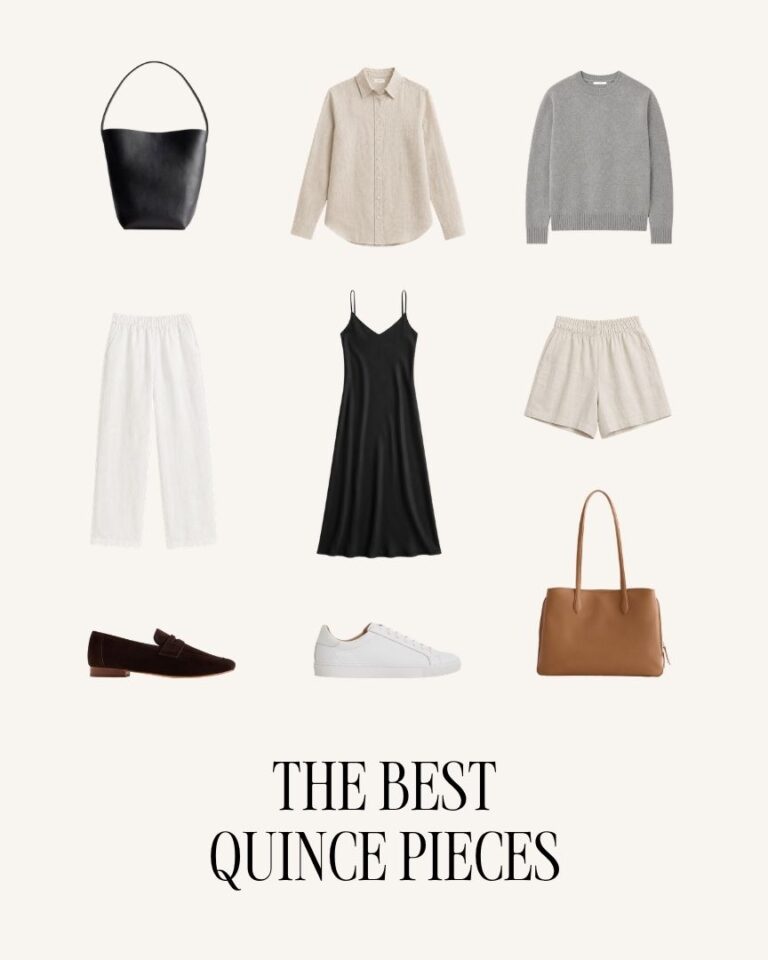 The best Quince pieces for women including a leather bucket bag, linen shirt, cashmere sweater, linen pants, silk slip dress, linen shorts, penny loafers, white sneakers, and a leather work tote.
