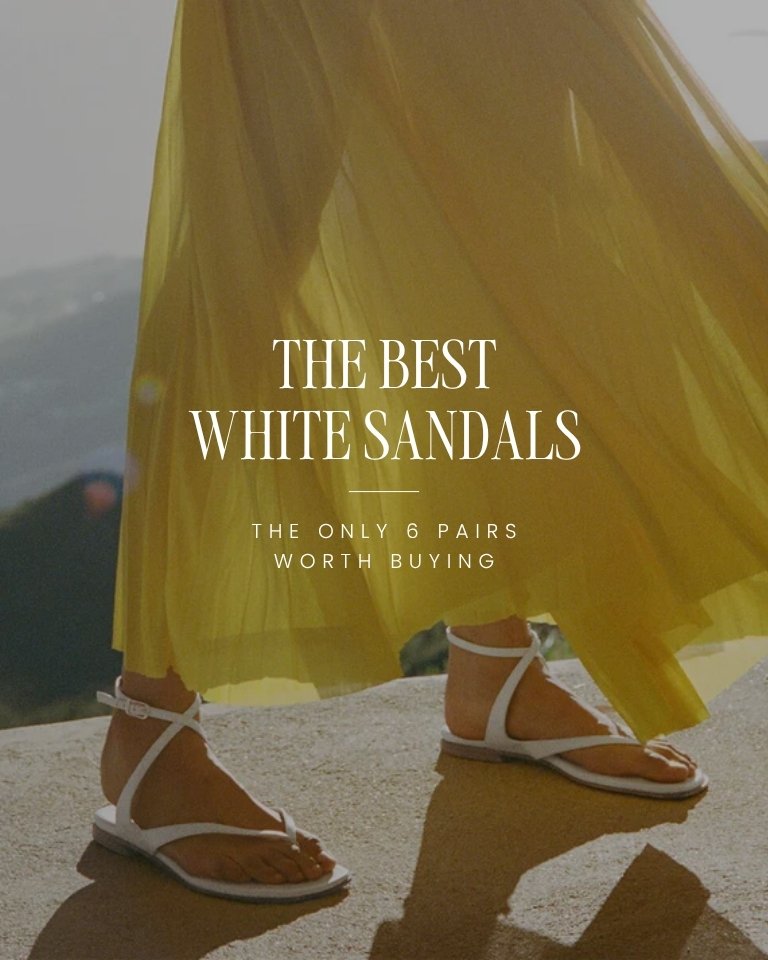 Woman wearing minimalist white leather sandals with a flowing yellow skirt outdoors.